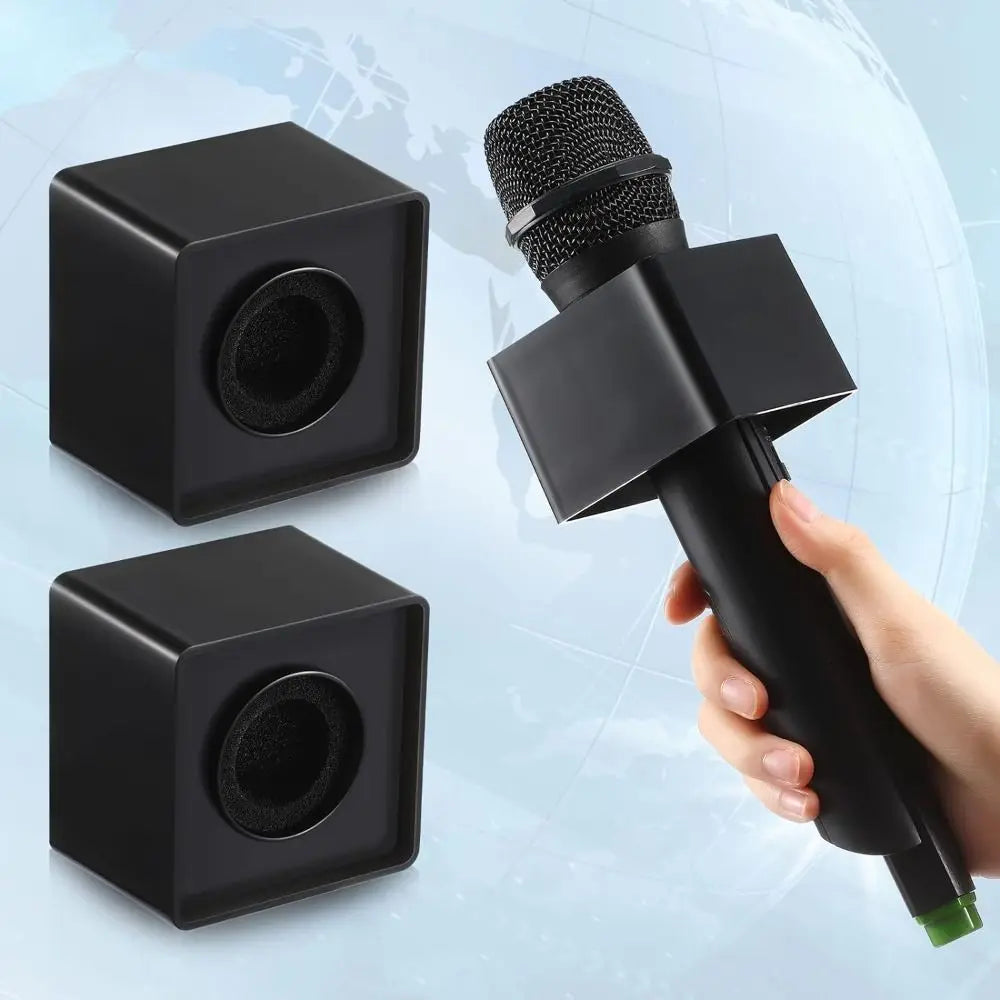 Black square-shaped microphone logo flag stand with circular foam insert for triangular shaped interview use