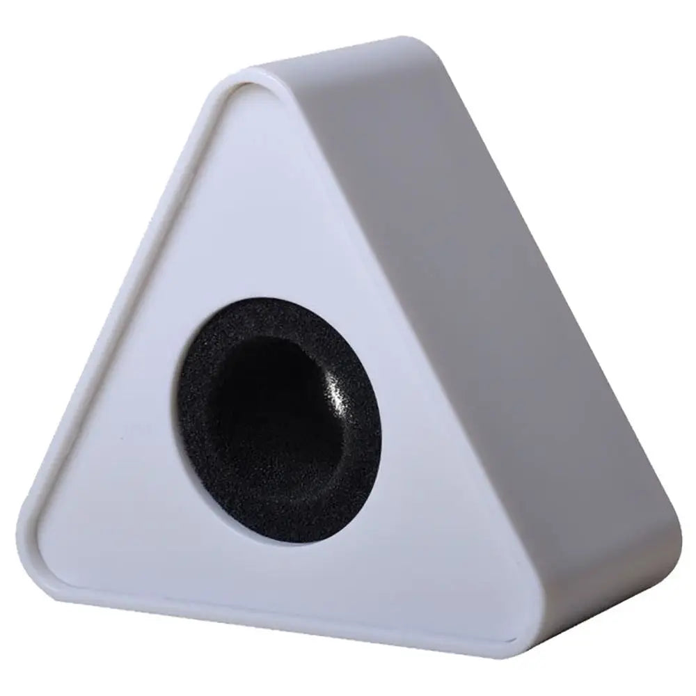 White triangular shaped interview desk organizer with black circular opening for microphone logo flag stand square use