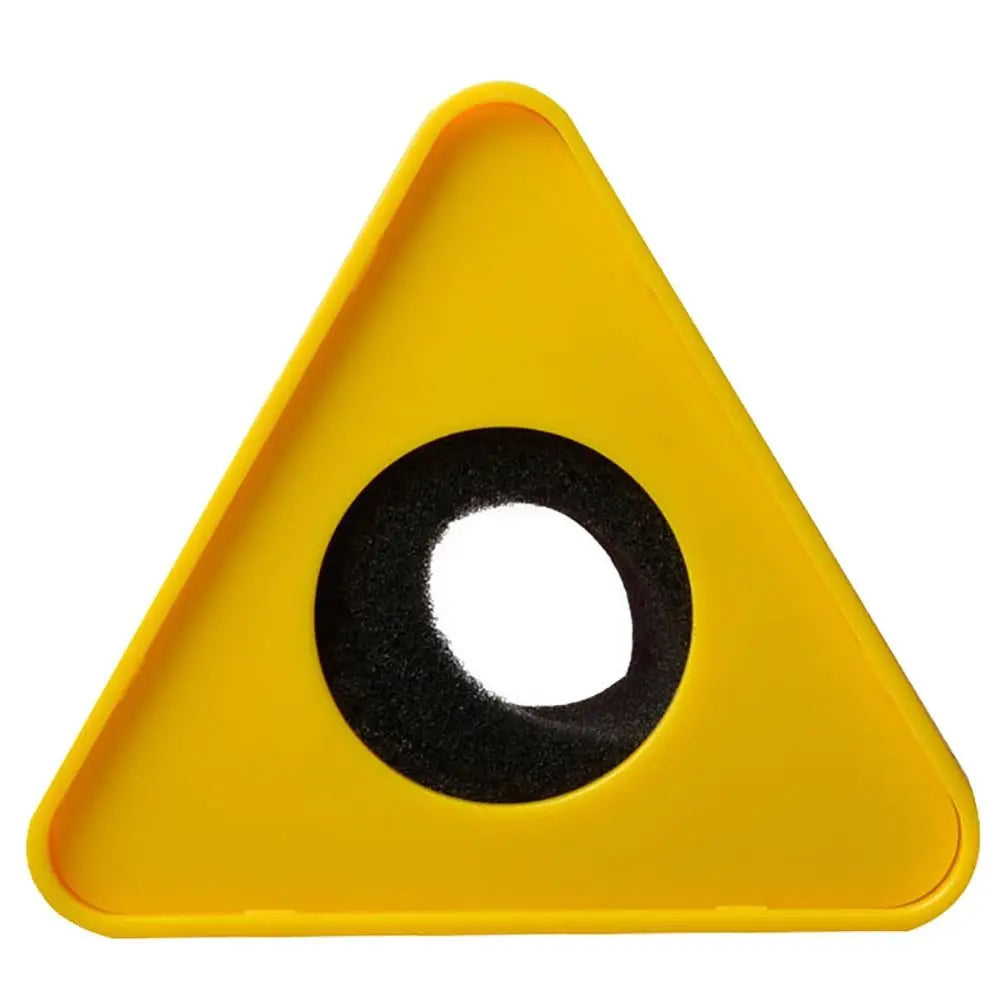 Yellow triangular shaped interview car safety reflector with black foam insert used as microphone logo flag stand square