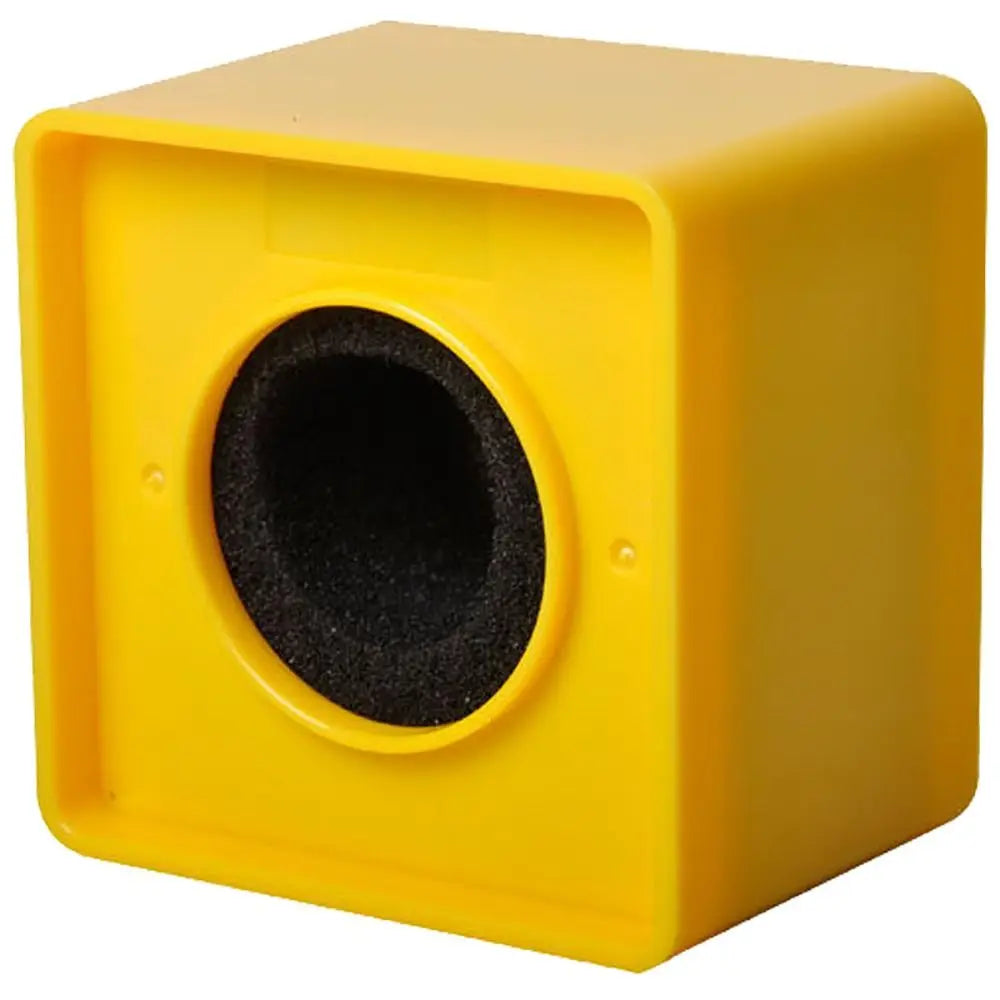 Bright yellow plastic square cube microphone logo flag stand with circular black foam insert for triangular shaped interview