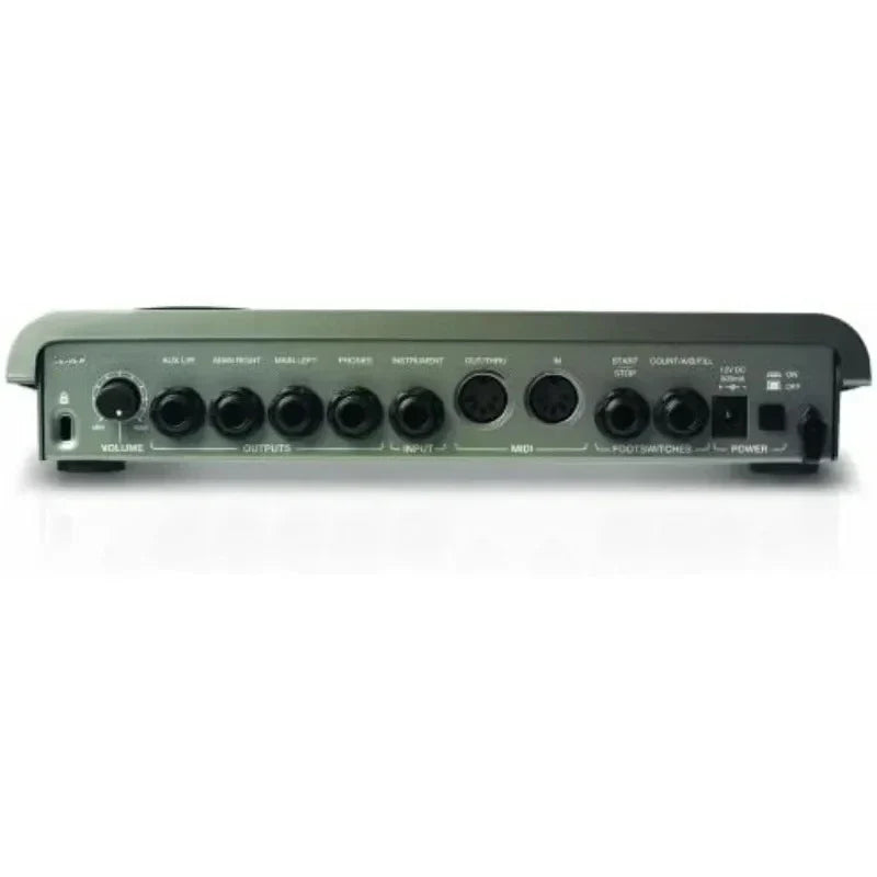 Black metal audio interface with labeled midi usb jacks on back of sr-18 studio-grade standalone drum machine