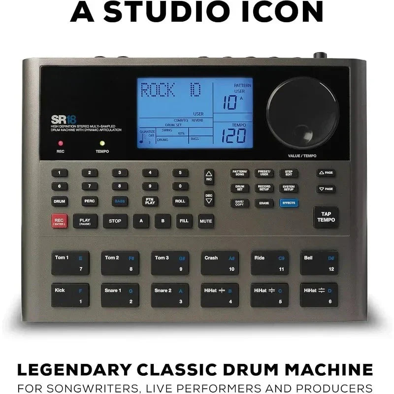 Gray sr18 studio-grade standalone drum machine with blue lcd screen and black buttons for type beat music production