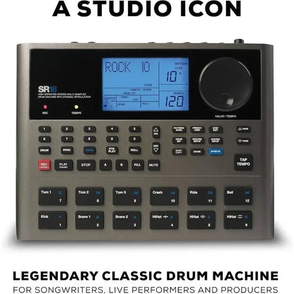 Gray sr18 studio-grade standalone drum machine with blue lcd screen and black buttons for type beat music production