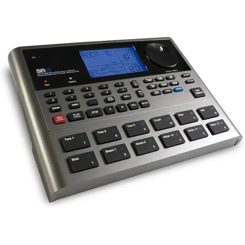Silver SR16 standalone drum machine with black buttons and blue digital display for studio-grade type beat music