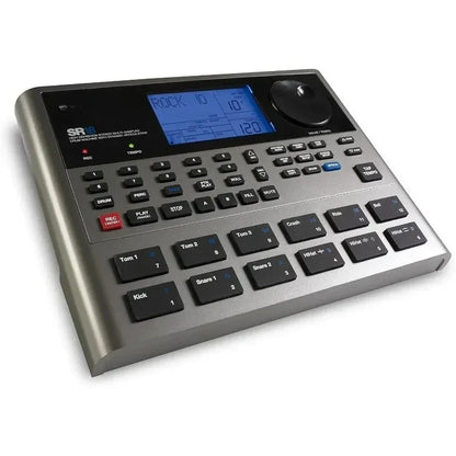 Silver sr16 standalone drum machine with black buttons and blue display for studio-grade type beat music use sold out