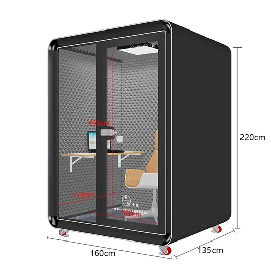 Black-framed glass-walled home phone booth with sound-absorbing panels and wheels for silent sleeping compartment use