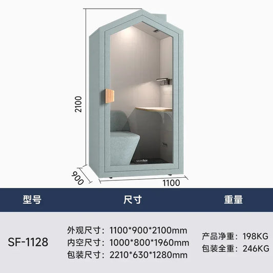 A modern light blue k178 s25 a55 mobile soundproof room with glass front for home learning warehouse office use