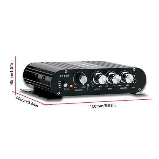 Black st-83b channel power amplifier with silver knobs and textured metal casing for stereo bass sound subwoofer amplifier
