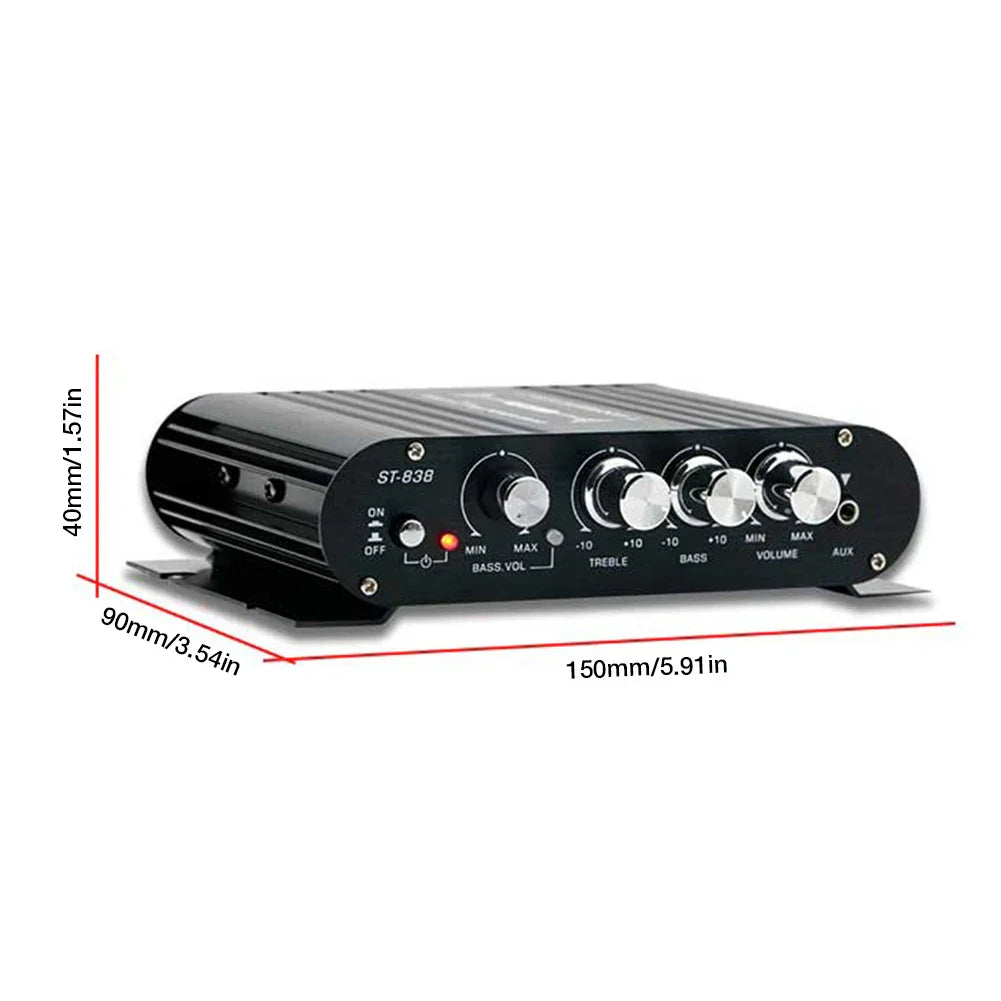 Black st-83b subwoofer amplifier with silver knobs and textured metal casing for stereo channel power amplifier use