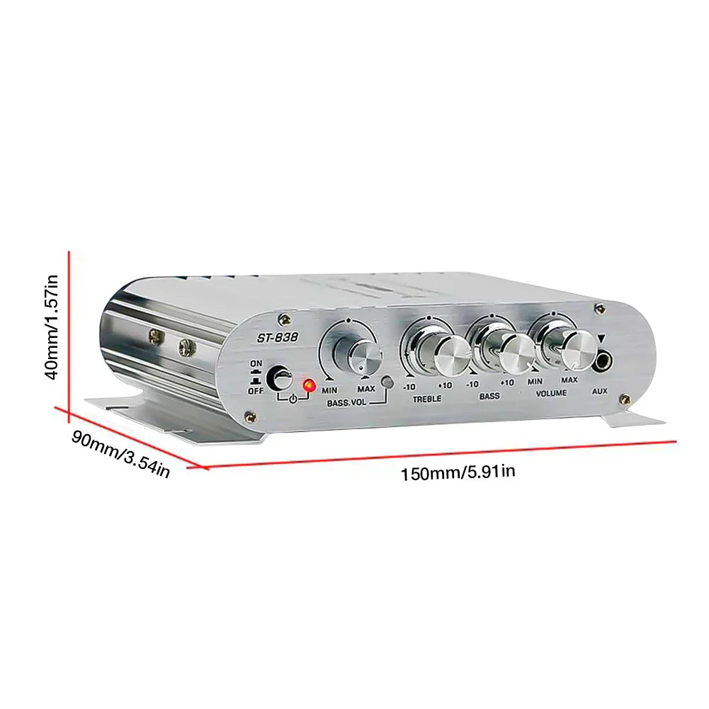 Silver st-838 channel power amplifier with four control knobs for bass treble volume and auxiliary input subwoofer amplifier