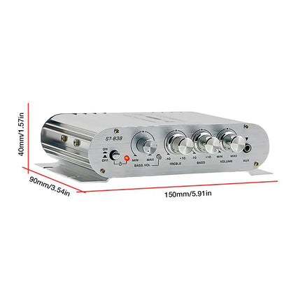 Silver st-838 channel power amplifier with four control knobs for bass treble volume and auxiliary input subwoofer amplifier