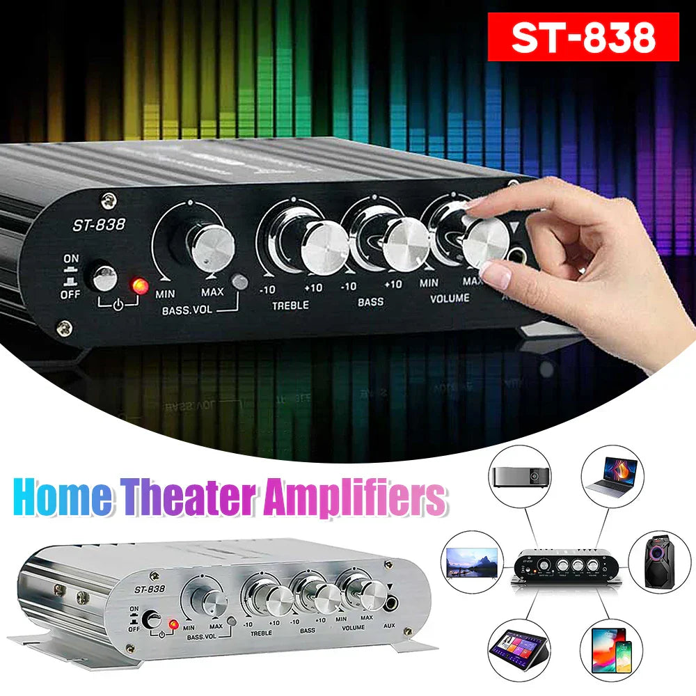 Black st-838 home theater channel power amplifier with silver knobs for bass treble and volume subwoofer amplifier