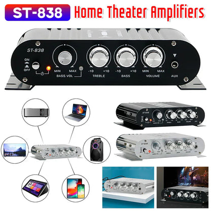 Black st-838 home theater power amplifier stereo with silver knobs designed as a 2.1 channel subwoofer amplifier