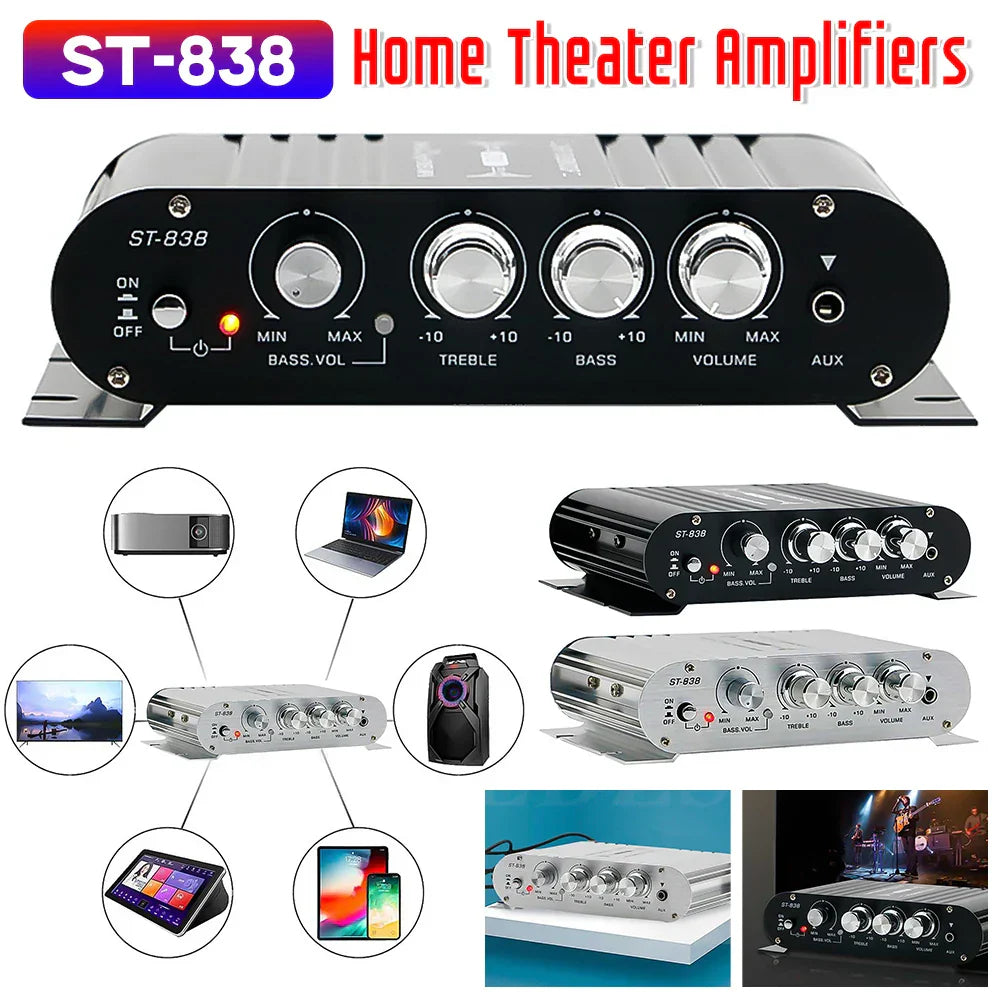 Black st-838 2.1 channel power amplifier with silver knobs for car home amp and subwoofer amplifier use