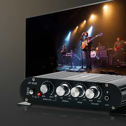 Black st-838 channel power amplifier with silver knobs and red power indicator light for stereo bass sound and subwoofer amplifier
