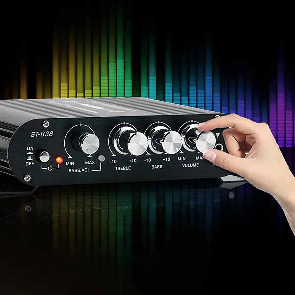 Black st-838 channel power amplifier with silver knobs for bass treble and volume control for stereo bass sound and subwoofer amplifier