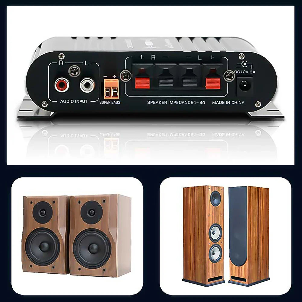 Black and silver st-838 channel power amplifier with red and orange connectors for car home amp and subwoofer amplifier use