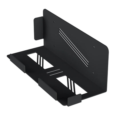 Black metal stable metal wall hanging tablet stand with minimalist geometric cutouts for accessories space saver