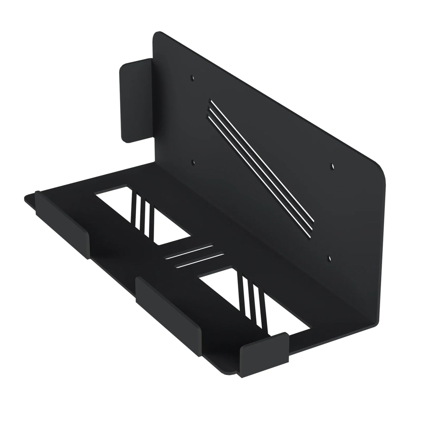 Black metal wall hanging stand with minimalist geometric cutouts stable metal wall for ps5 console space saver