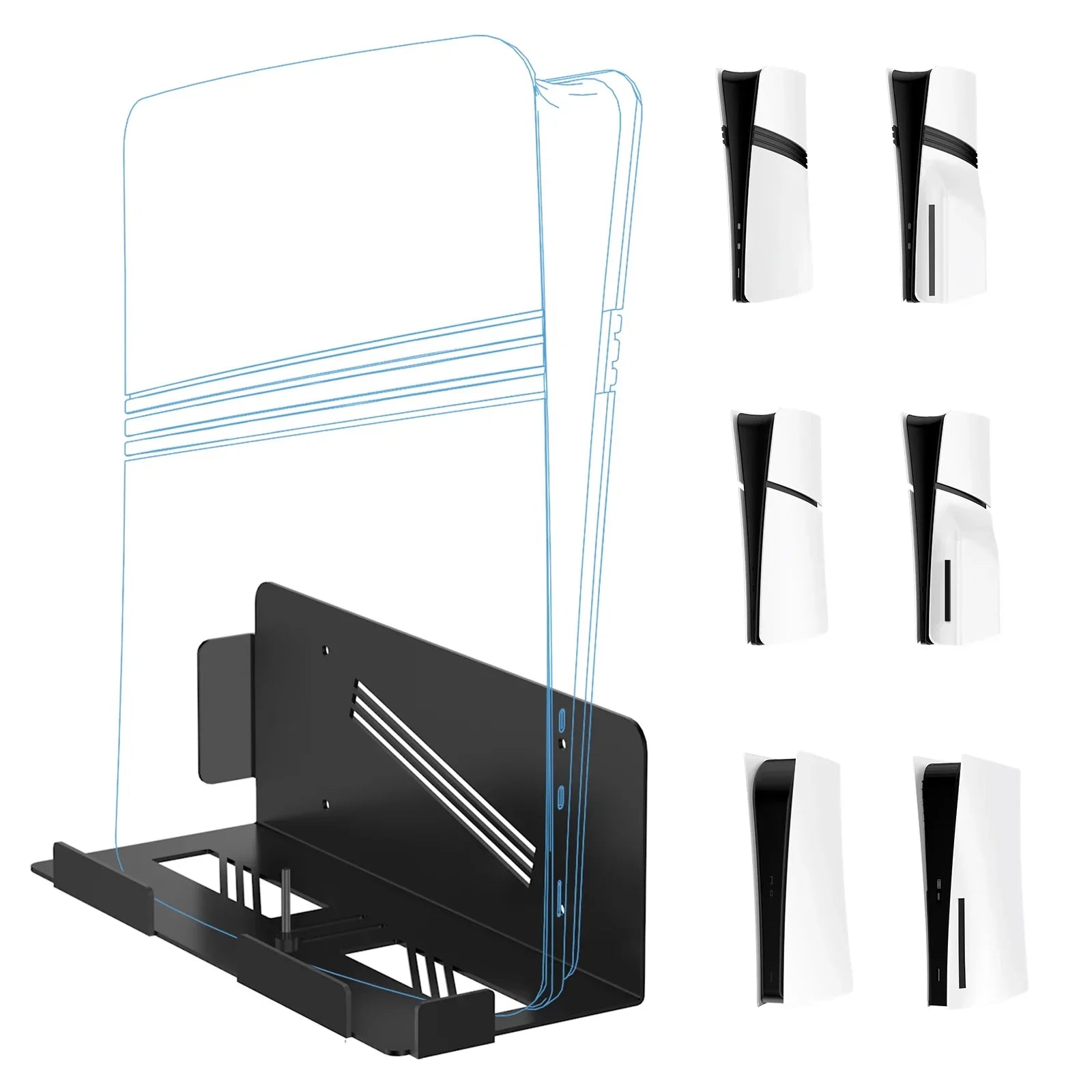 Black stable metal wall hanging stand designed as a space saver for playstation 5 console accessories with easy install