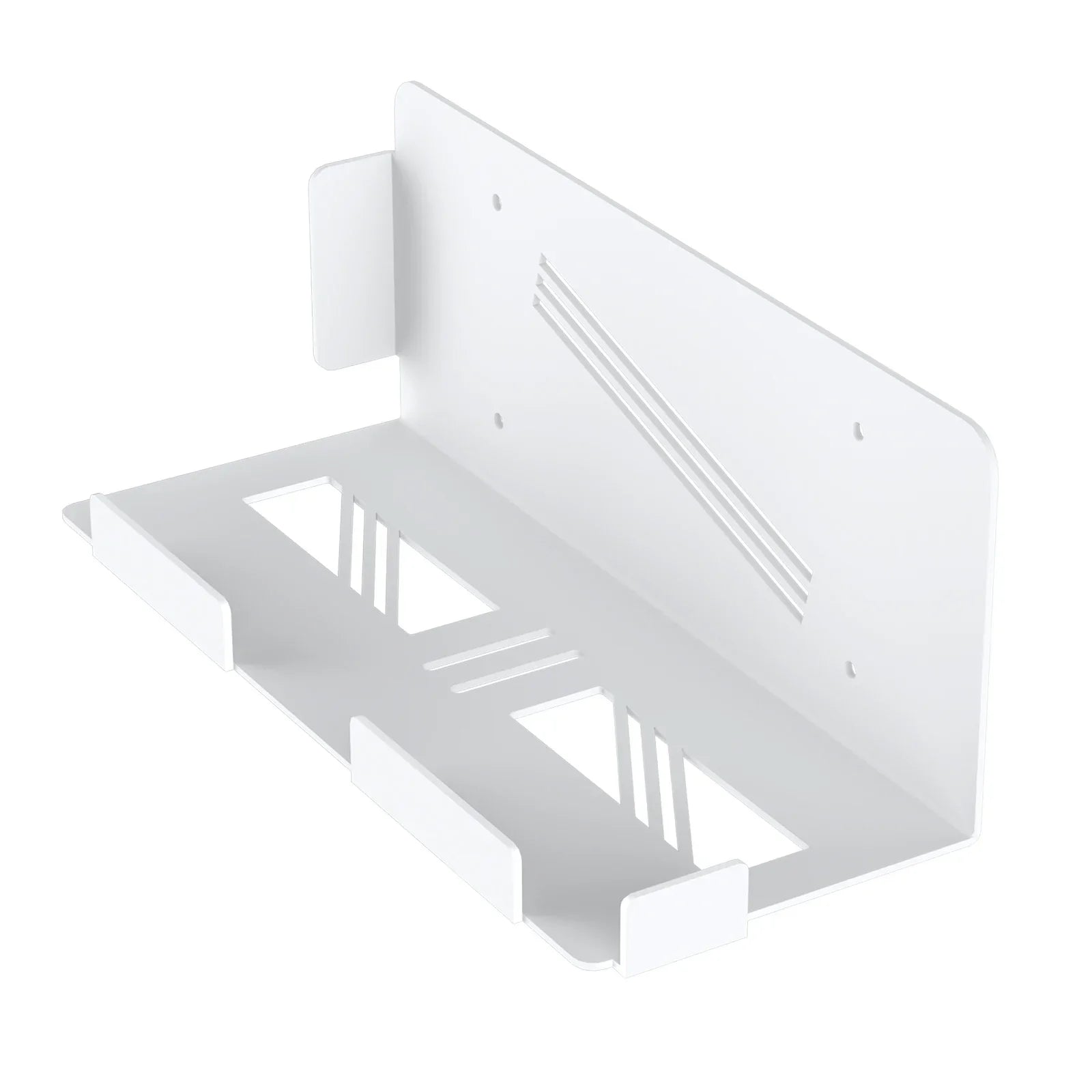 White stable metal wall bracket with geometric cutouts for ps5 accessories space saver and easy installation
