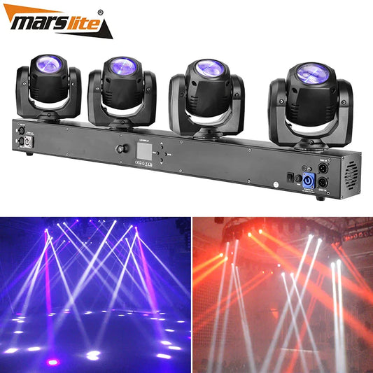 Black marslite led moving head light bar with four rgbw mixer spotlights emitting purple red and white beams for stage event lighting heads pocket sharpy