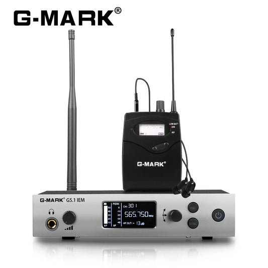 Black g-mark gs.1 1iem uhf mono wireless lavalier microphone system with silver bodypack receiver for singer guitar studio use