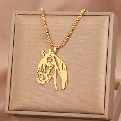 Gold-toned stainless steel horse head pendant choker with box chain men atmospheric hip hop necklace for women jewelry