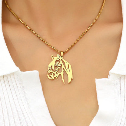 Gold-colored stainless steel horse head pendant choker with sleek cut-out design and matching chain men atmospheric hip hop necklace