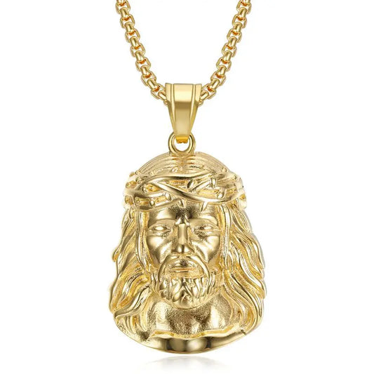 Gold-colored god jesus human head pendant with crown of thorns stainless steel titanium pendant collar chains necklace
