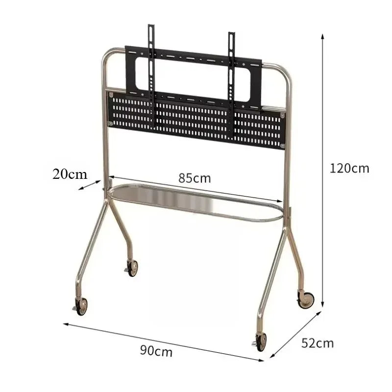 Silver steel tv stand with black perforated mounting bracket and lockable caster wheels for stable storage shelf use