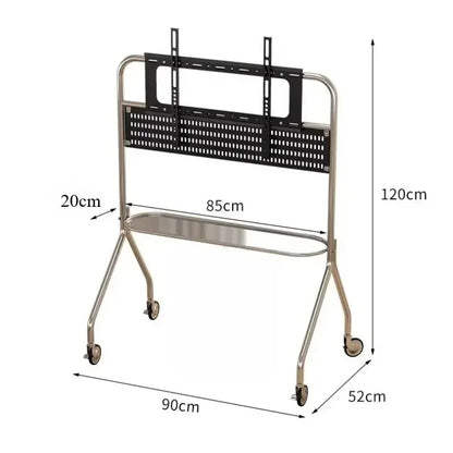 Silver steel tv stand with black perforated mounting bracket and lockable caster wheels for stable storage shelf use