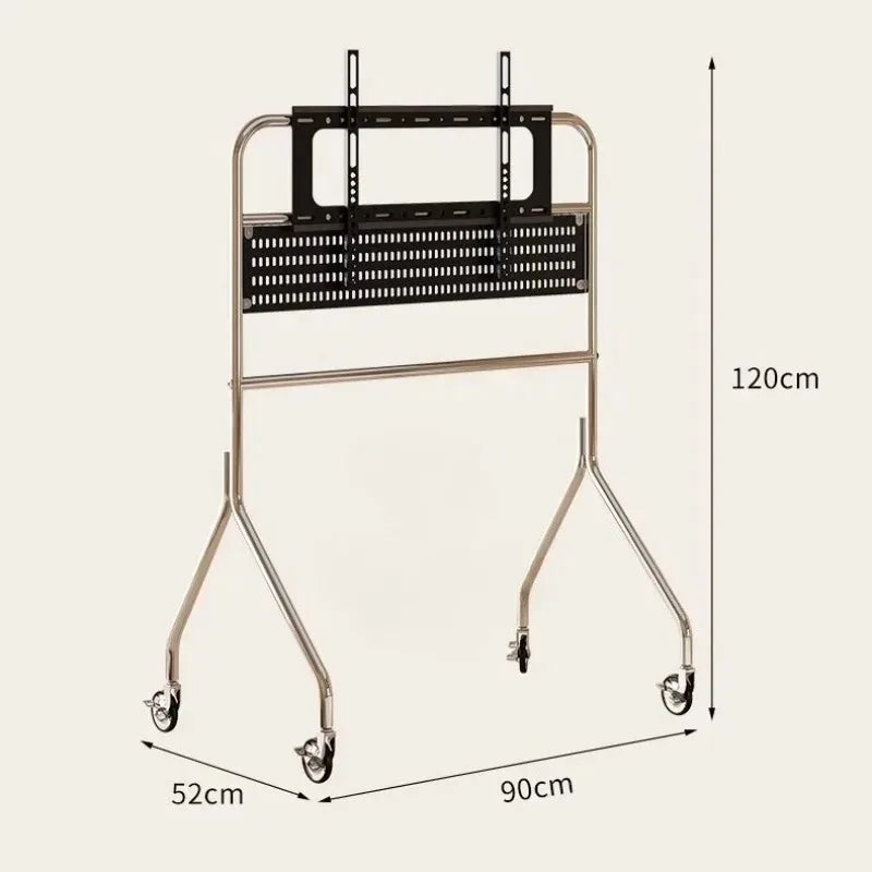 A sleek 120cm tall steel tv stand with polished chrome frame black perforated bracket and lockable wheels storage shelf