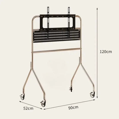 A sleek 120cm tall steel tv stand with polished chrome frame black perforated bracket and lockable wheels storage shelf