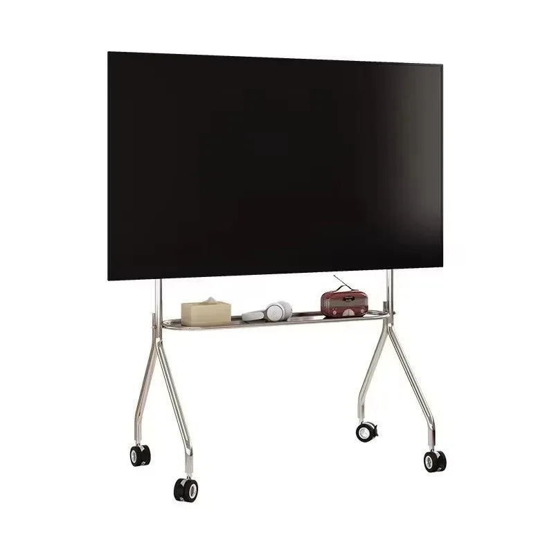 Modern black flat-screen tv on a stainless steel tv stand with lockable wheels storage shelf for small living rooms