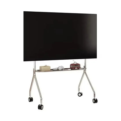 Modern black flat-screen tv on a stainless steel tv stand with lockable wheels storage shelf for small living rooms