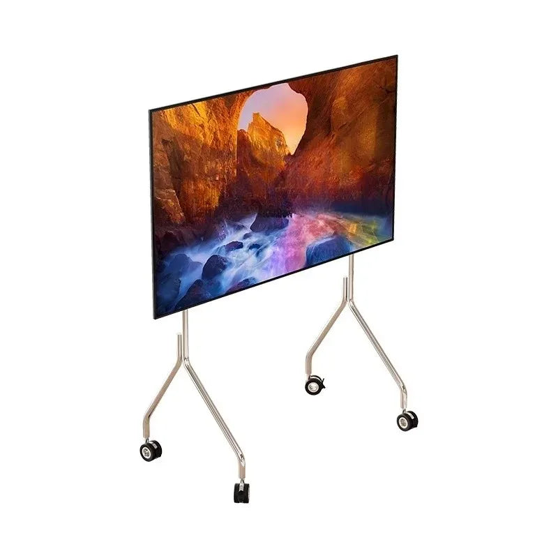 Silver-framed 4k oled tv on a stainless steel tv stand with lockable wheels storage shelf and stable y shape structure