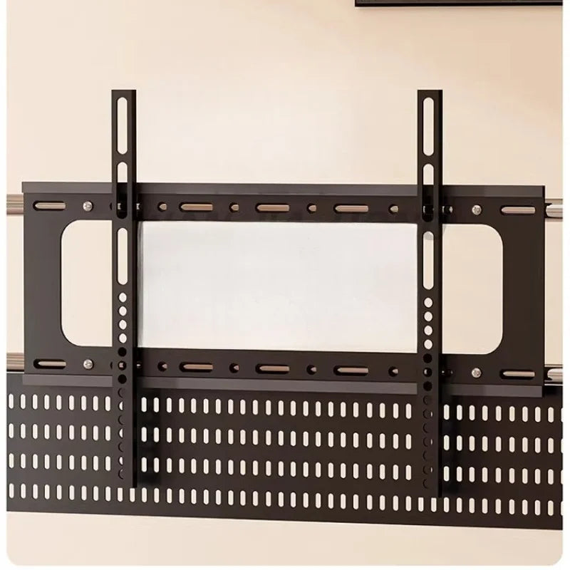Black metal tv wall mount with perforated design and adjustable brackets on a steel tv stand with lockable wheels storage shelf