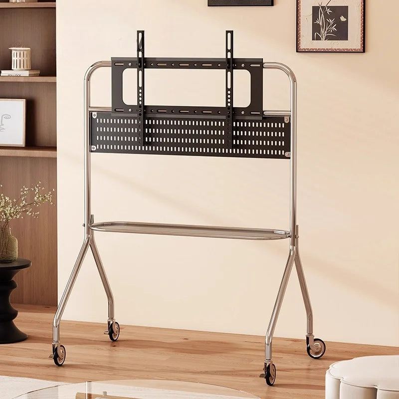Silver steel tv stand with black perforated mounting plate and lockable caster wheels for storage shelf use