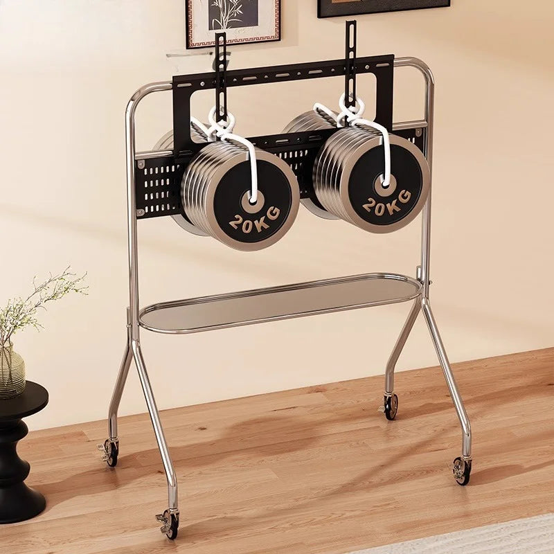 Silver-toned steel tv stand with storage shelf lockable caster wheels and mirrored shelf holding two 20kg dumbbells