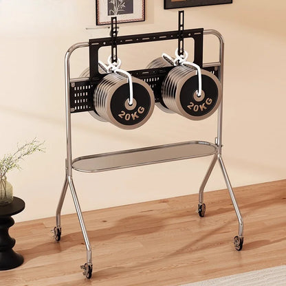 Silver-toned steel tv stand with storage shelf lockable caster wheels and mirrored shelf holding two 20kg dumbbells