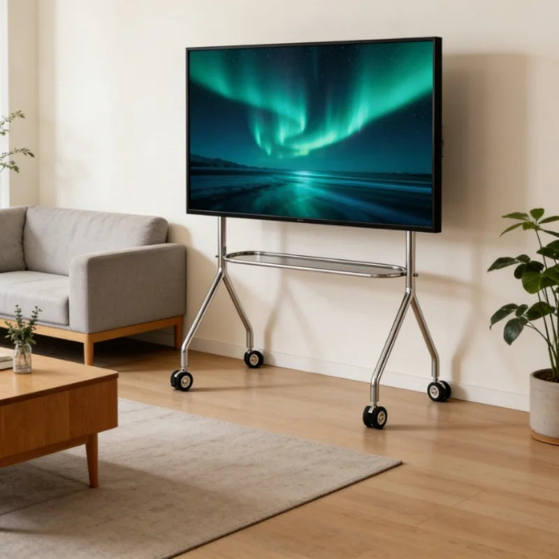 A sleek flat-screen tv with vibrant aurora borealis on a steel tv stand with storage shelf lockable casters