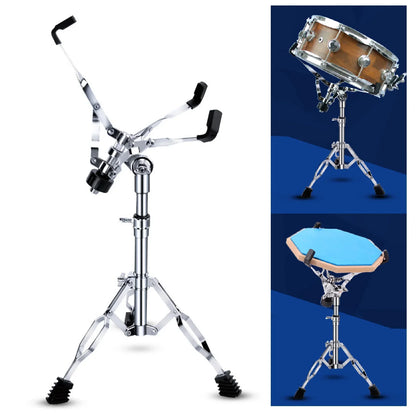 Adjustable chrome ethereal dumb snare drum stand with thickened stable tripod, black rubber feet, and padded armrests