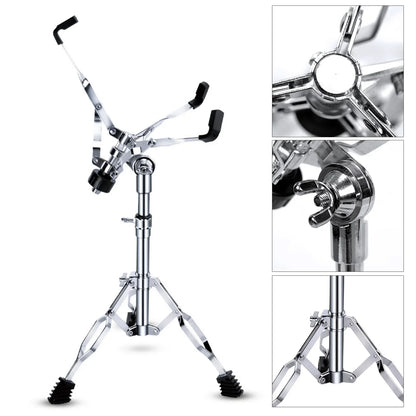 Chrome-finished adjustable height stand with thickened stable tripod and black rubber feet for ethereal dumb snare drums