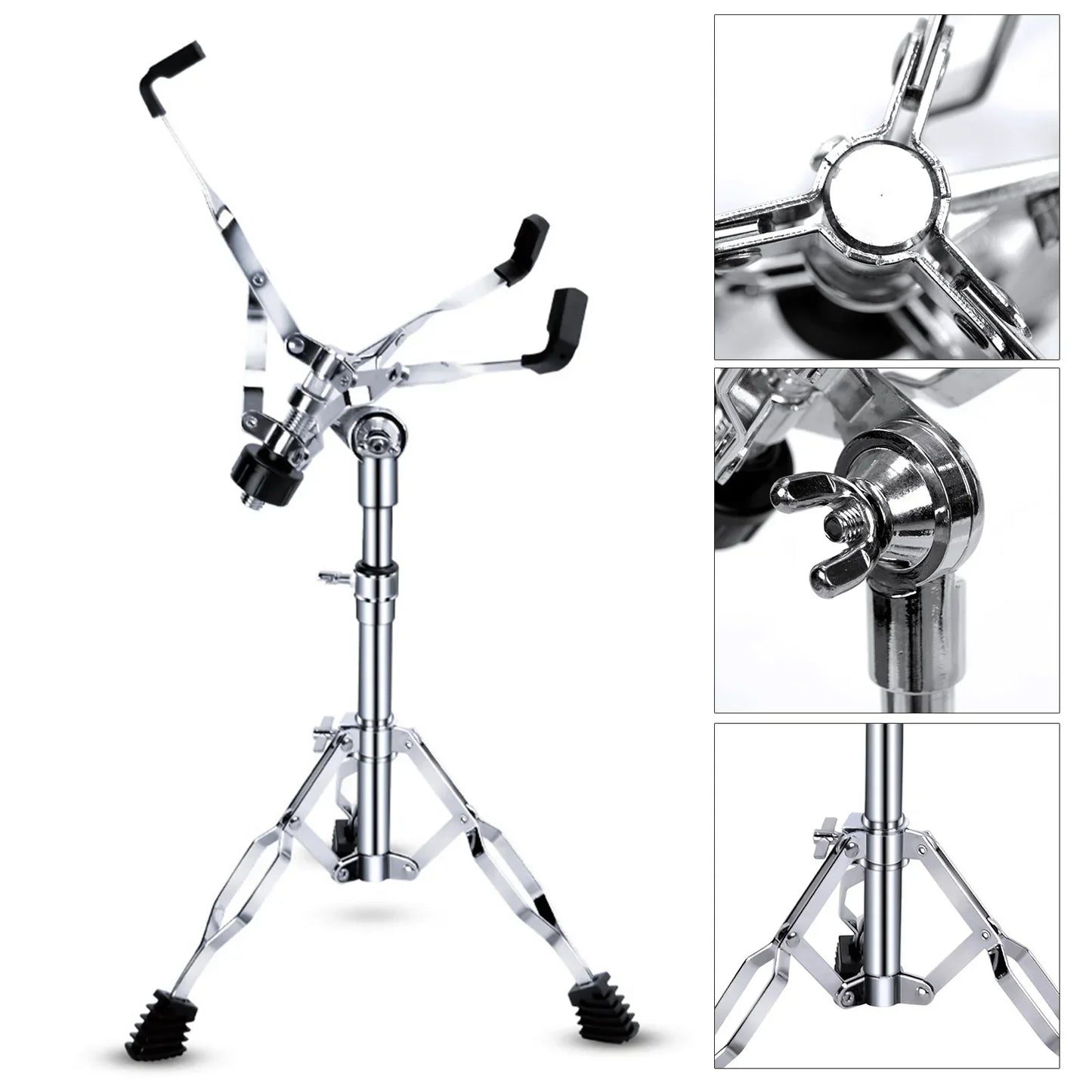 Chrome-finished ethereal dumb snare drums stand with black rubber feet and adjustable arms on thickened stable tripod