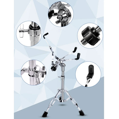 Chrome-finished drum stand with adjustable arms and black rubber feet for ethereal dumb snare on thickened stable tripod