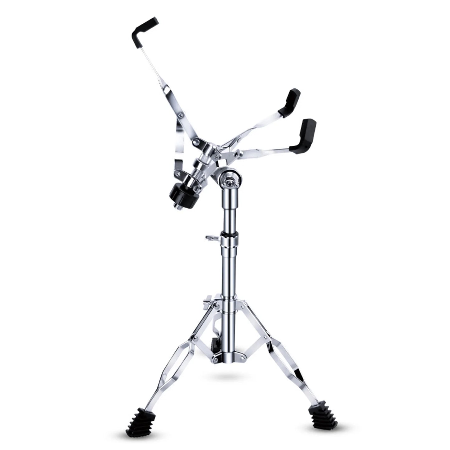 Chrome-finished ethereal dumb snare drums stand with thickened stable tripod, black rubber feet, and padded armrests