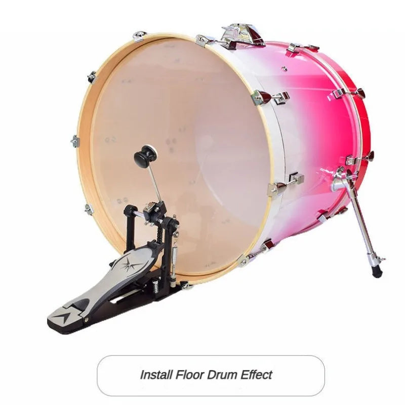 A vibrant pink to white gradient floor tom drum with chrome hardware and a black and silver pedal for professional musical instruments