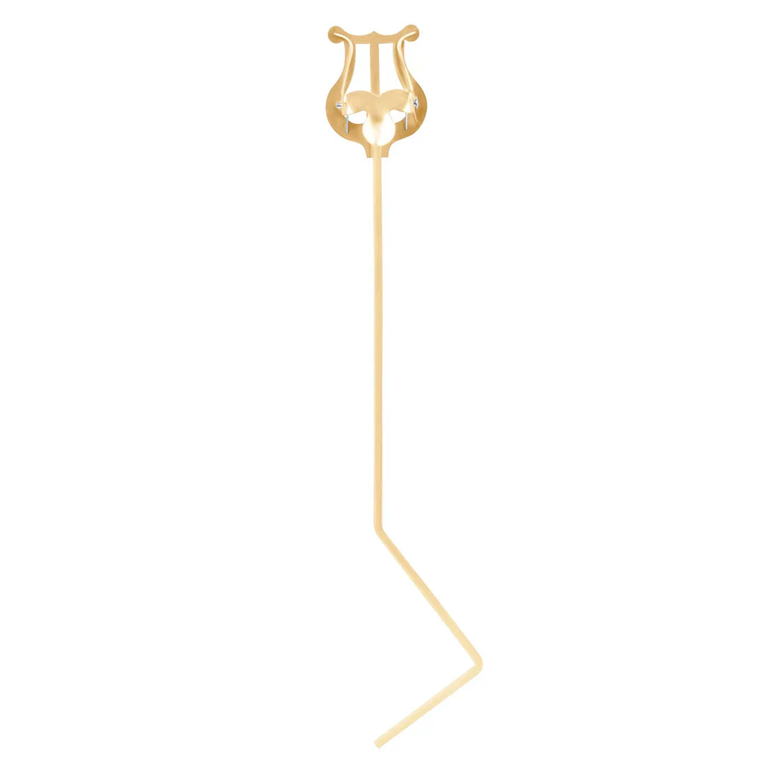Gold-colored metal lyre-shaped standing key marching music stand with slender curved base for baliton tenor horn euphonium