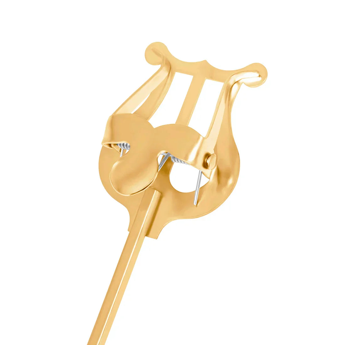 Gold-colored metal lyre-shaped standing key marching instrument holder with three slots for baliton tenor horn euphonium
